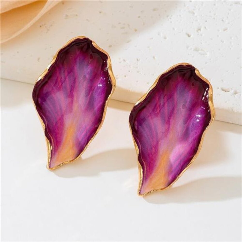 Blue Colorful Chunky Flower Leaf Earrings | Big Enamel Statement Dangles - Picture 5 of 7